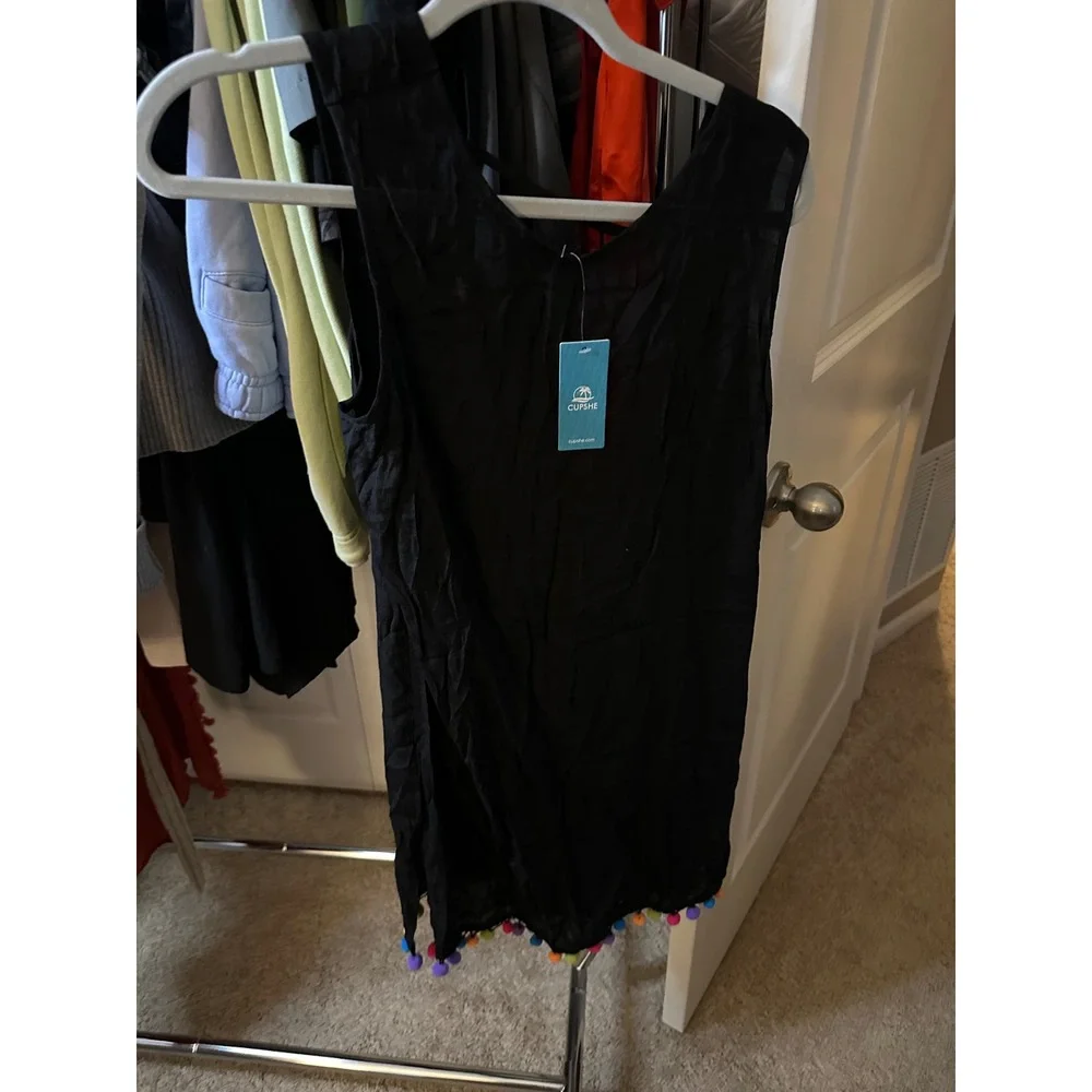 CUPSHE Black Pom Pom‎ Trim Beach Cover Up Dress Open Back Small